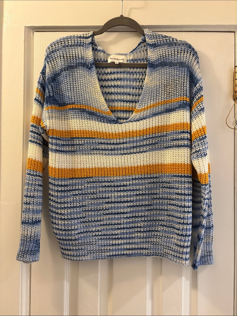 Heartloom Blue, White & Yellow Striped V-Neck Sweater